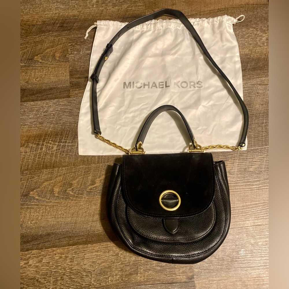 Michael Kors Isadore Medium Top Handle Suede Leather Messenger Black pre-loved